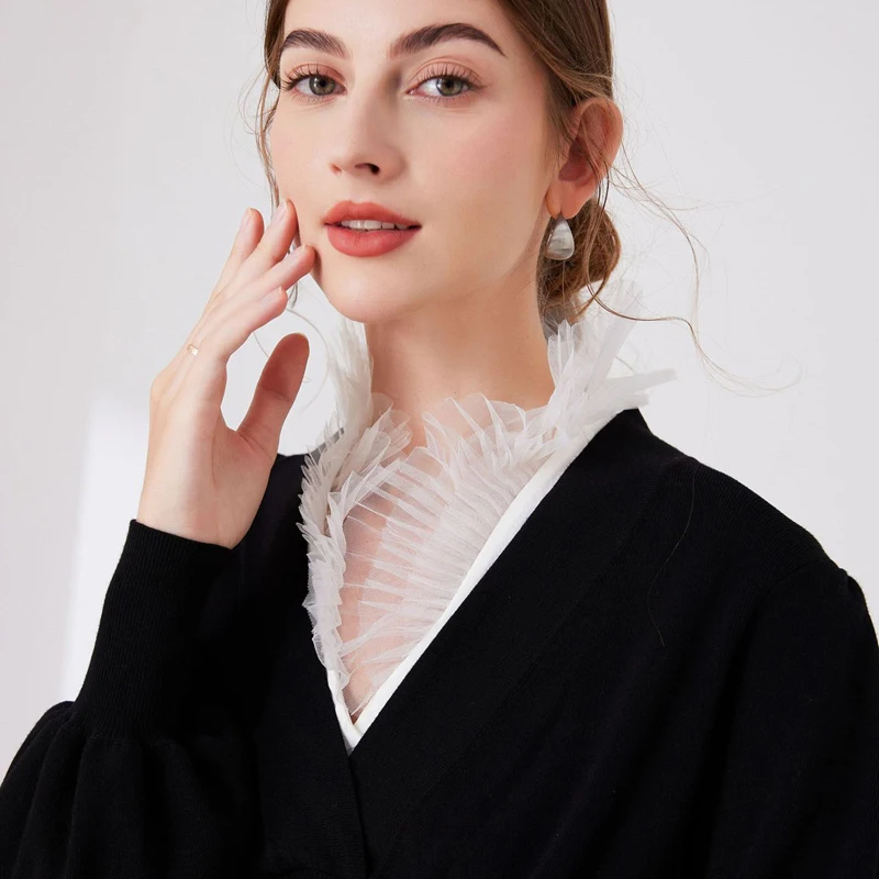Spitzengarn-Stehkragen für Pullover, Bluse, Hemd, dekorativer Fake-Kragen, gerüscht, abnehmbare Schichtung, Krawatte, Oberteil, falscher Kragen – Detail 3