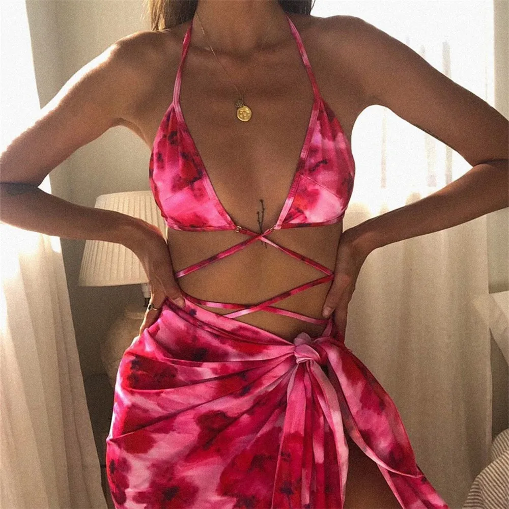 

Bikini Fashion Sexy Swimwear Three Piece Set Bikini Tie Dyed Print Lace up Dress Swimwear Women's Swimwear