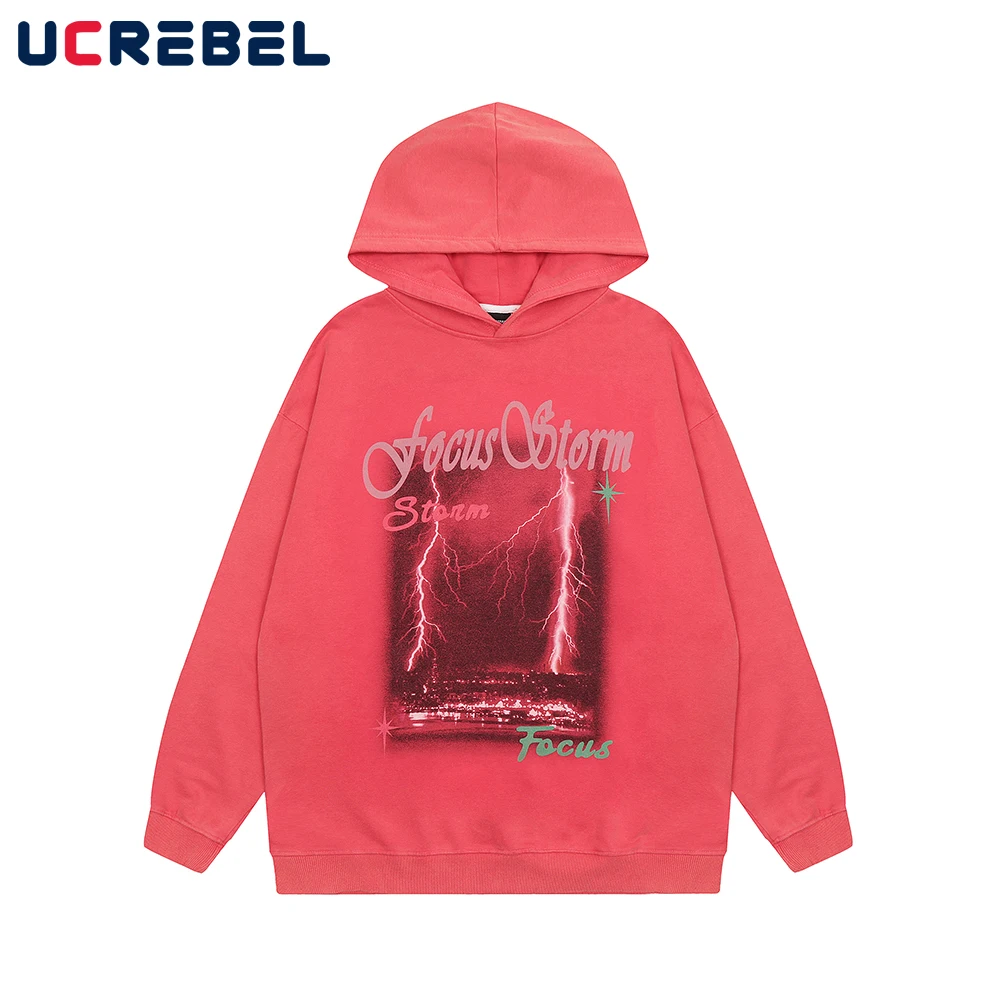 

Lightning Print Long Sleeve Sweatshirts Mens Vibe Style Casual Double-sided Printing Loose Hoodies Men