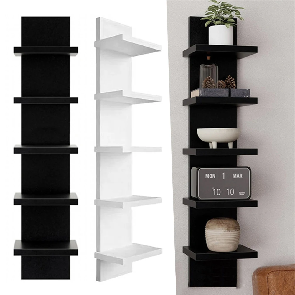 5 Tier Wall-Mounted Bookshelf PVC Floating Storage Rack Smooth-Pressboard Vertical Display Shelf for Living Room Bedroom Decor