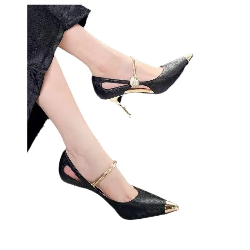 Summer High Heels Women Sandals Fashion Metal Pointed Stiletto Heel Shallow Single Shoes Elegant Ladies Party Dress Shoes