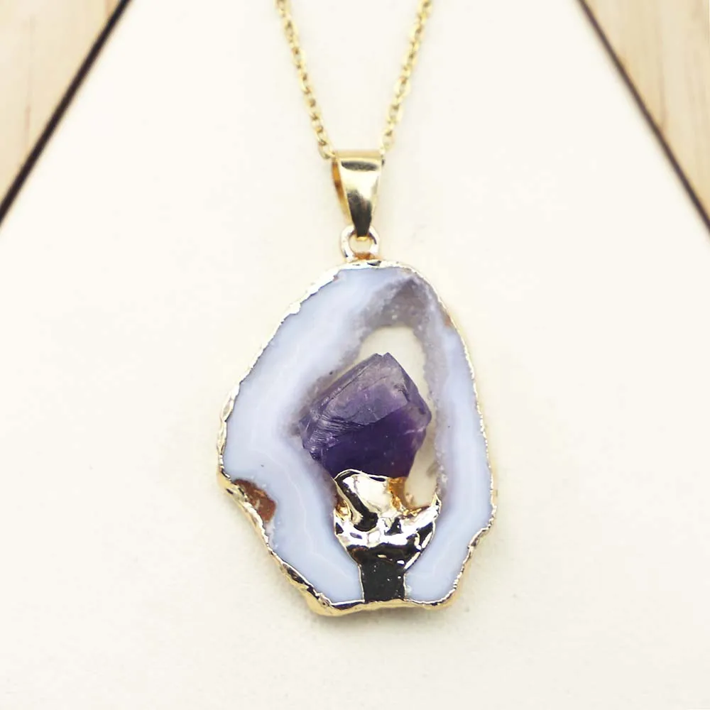Natural Stone Irregular Agate Necklaces Druzy Amethyst Stainless Steel Chain Pendants Energy Healing Chakra Halo Fashion Jewelry