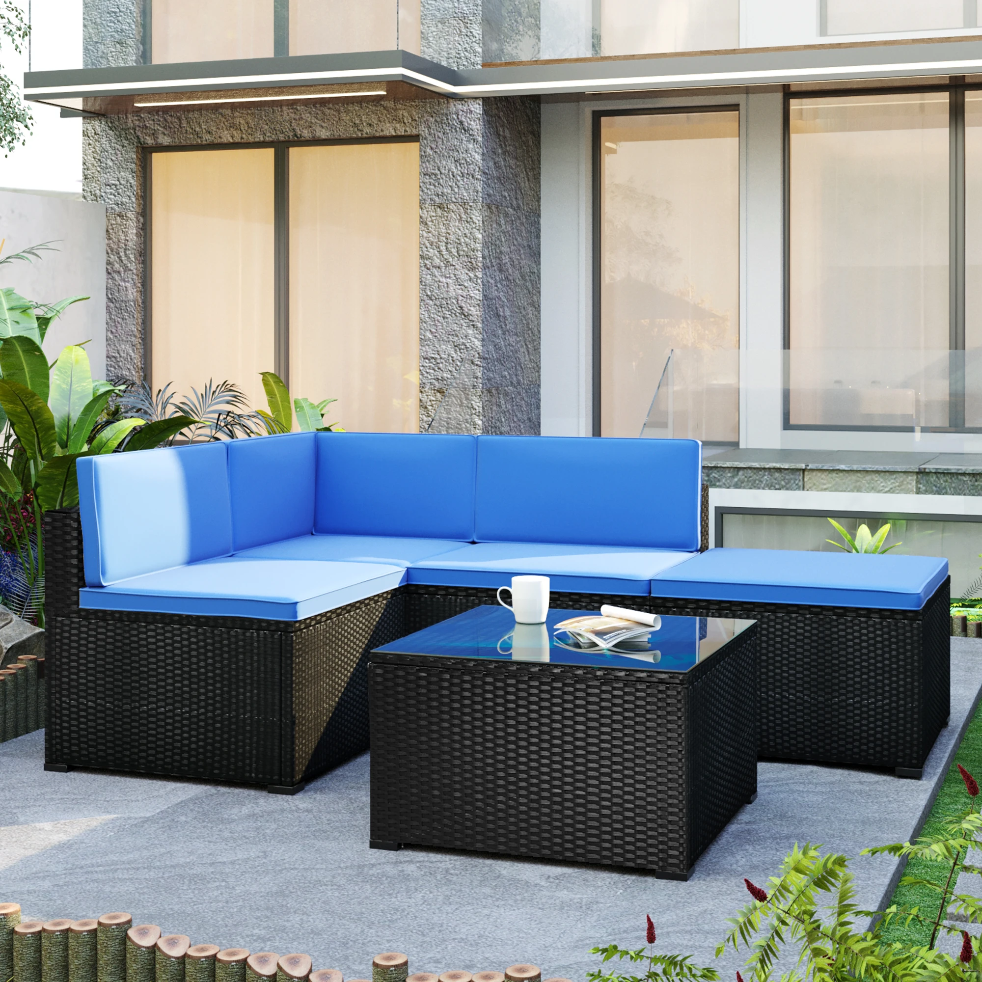 

5-Piece Patio Rattan PE Wicker Furniture Corner Sofa Set Patio Furniture Set For Backyard Porch Pool,