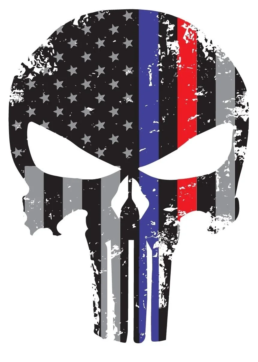 

For Punisher Skull Tattered Subdued Us Flag Reflective Decal with Thin Blue and Red Line