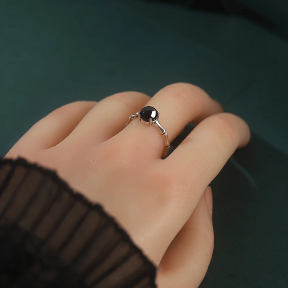 Monkton 여성을위한 새로운  블랙 마노 반지 빈티지 대나무 조인트 디자인 오닉스 오픈 링 럭셔리 쥬얼리 선물