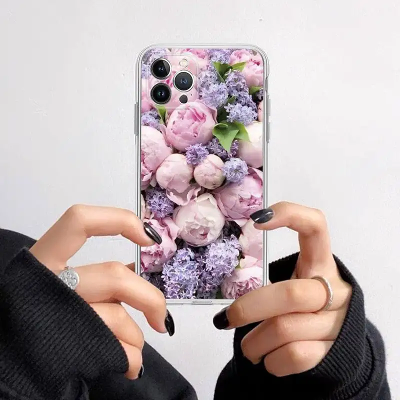 Elegant Pink and Purple Peony Flower Transparent Phone Case
