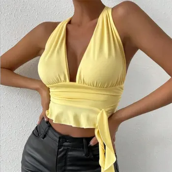 Women's Sexy Tight Fitting Deep V-neck Pleated Top Tight Fitting 2024 Spring Beach Resort Nightclub New Model Women's Sexy Tigh 1