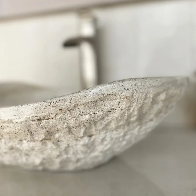 Travertine Chiseled Bathroom Vessel Sink - Oval Canoe Shape - Hand Carved Marble Real Stone Includes Free Soap Tray 3