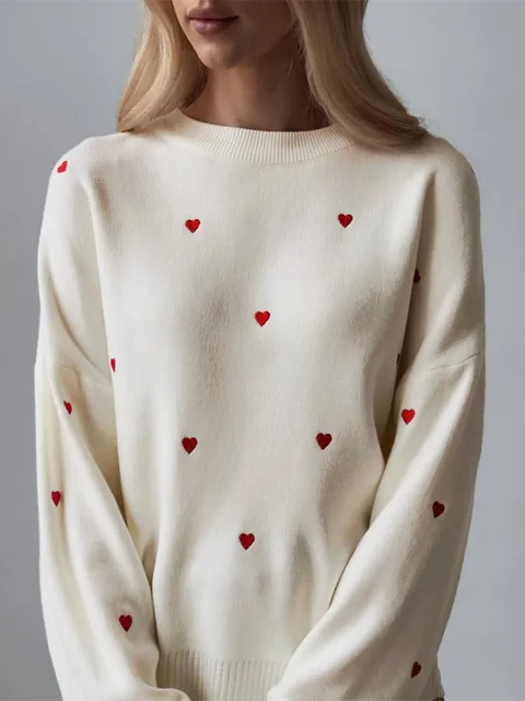 Women's Cream Red Heart Embroidered Oversized Knit Sweater Crew Neck Long Sleeve Casual Pullover Fashion Comfortable Top 1