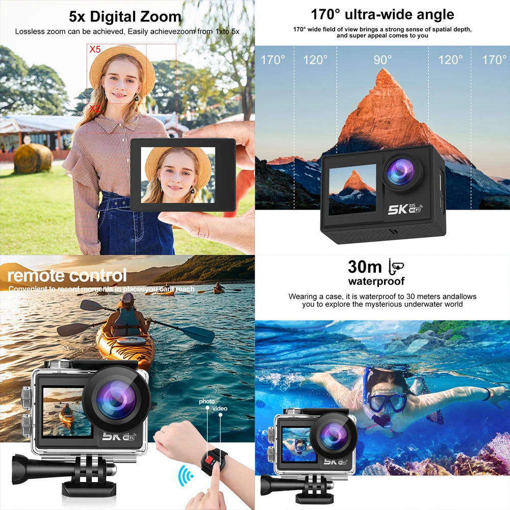 5K Action Camera 4K60FPS 2'' IPS Touch Screen 170° EIS WiFi DVR Action Cam 5X Zoom 30M Waterproof Motorcycle Helmet Sport Camera 3