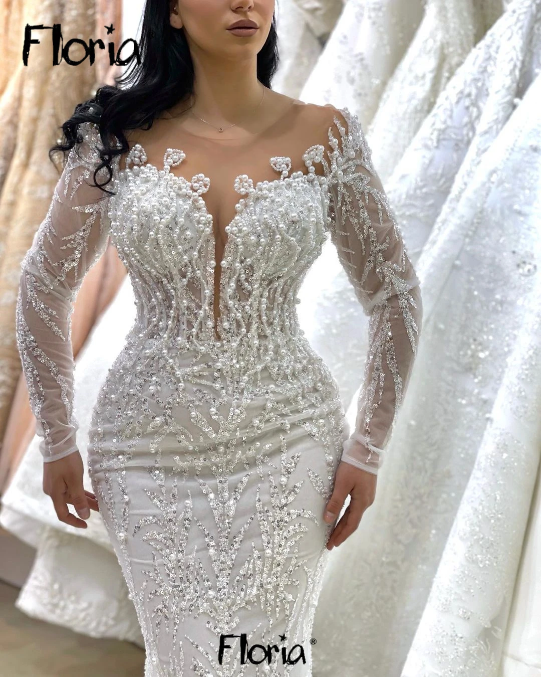 

White Pearls Bridal Gowns Long Sleeve Sheer Neck Arabic Wedding Party Gowns Women Prom Dresses Formal Engagement Dress فساتبن سه
