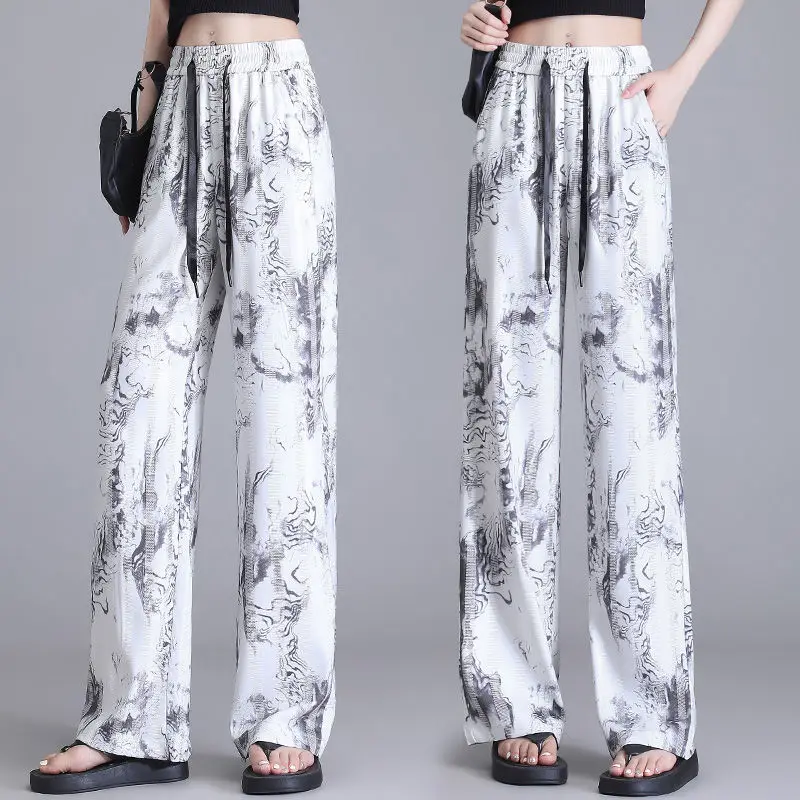 Fashion Chinese Style New Summer Pants Women's Printing Elastic Waist Drawstring Tie Dye Ice Silk Casual Loose Wide Leg Trousers