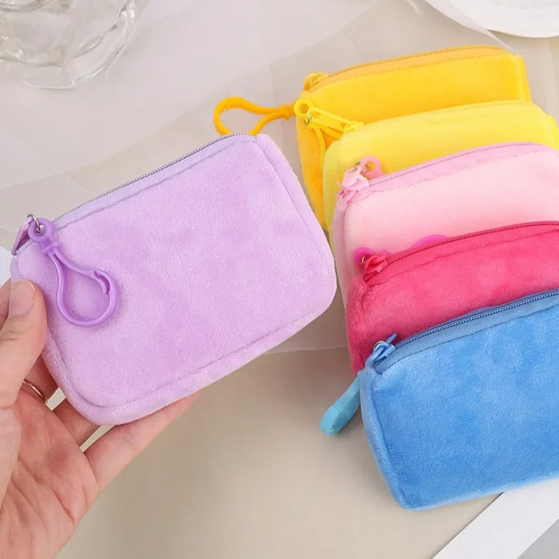 Soft Plush Coin Purse Cartoon Light Fluffy Wallet Handheld Cash Moneybag Zip Closure Solid Color Wallets Bank Card Storage Bag