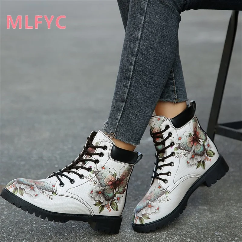 

Winter New Boots Women Lace Up Thick Heel Short Boots Printed Boots Large Knight Boots Women Round Toe Comfortable Boots