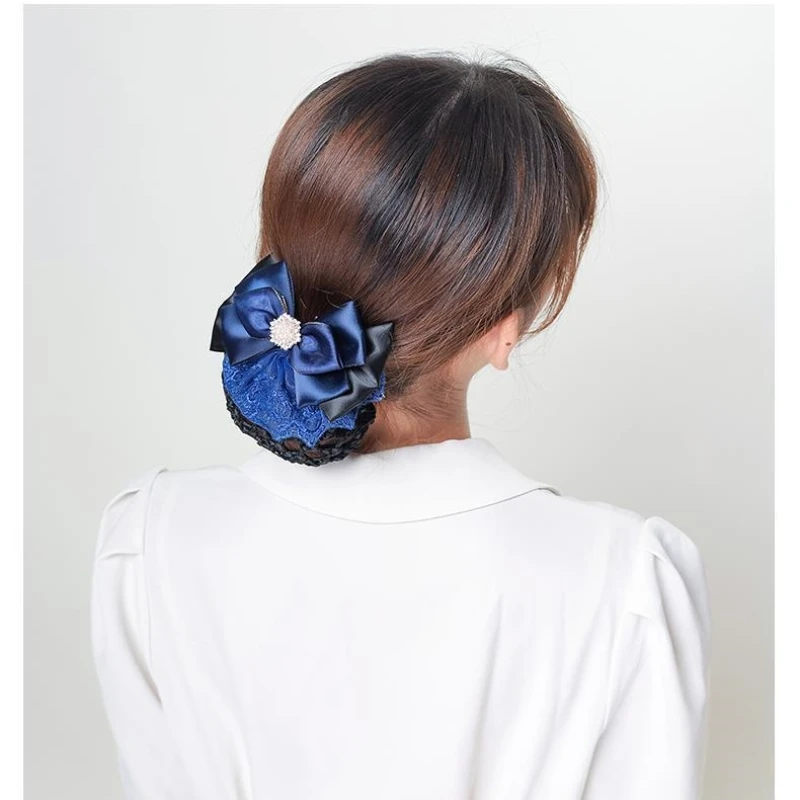 Barrette con fiocco in raso doppio Bowknot Snood Hairnet Cover Ribbon Hair Bun Ladies Flight assistente Clip di capelli accessori per capelli da donna