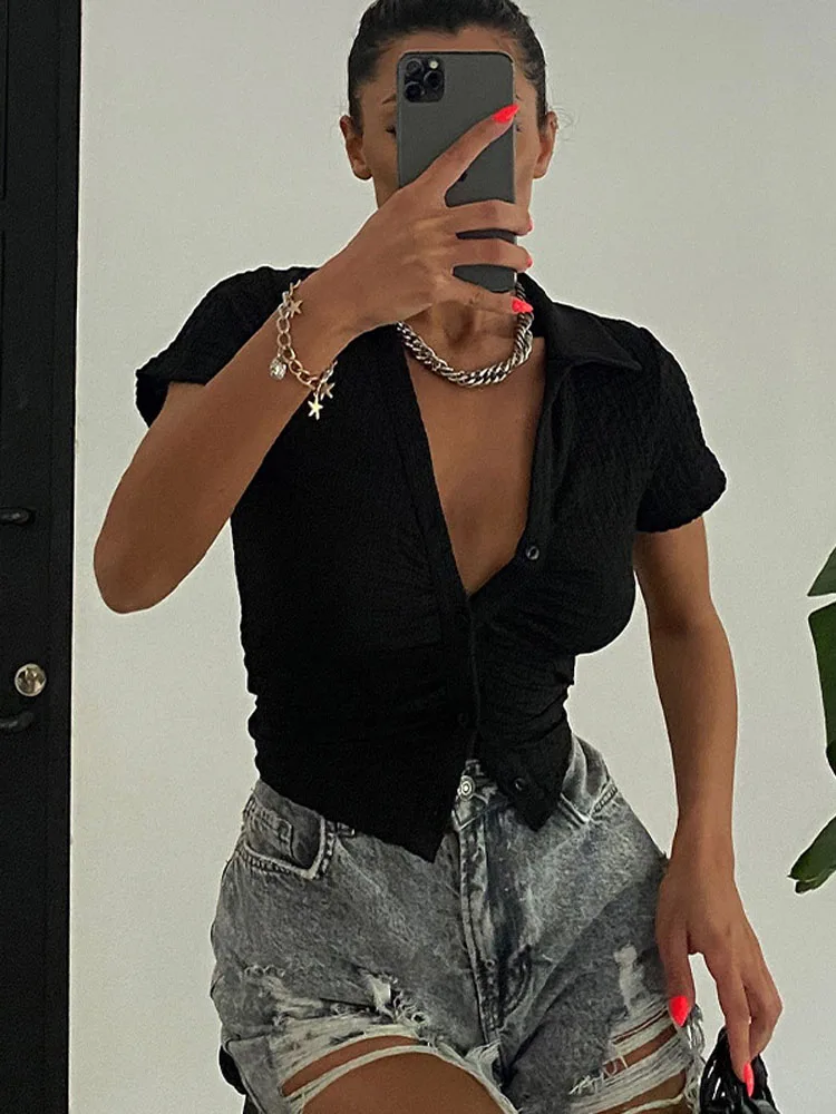 

2022 Summer Sexy V-Neck Ruched Slim Shirts Women Pleated Short Sleeve Female Blouse Korean Fashion Casual Ladies Top