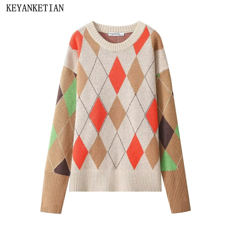 

KEYANKETIAN Winter New Unisex style Argyle Plaid Jacquard Women's Sweater Pullover Oversize Loose Thick Knitted Top Female