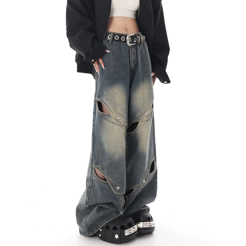 Pantalones Vaqueros Y2K De Cintura Alta Para Mujer - Corte Recto Y Ancho, 100% Algodón, Con Bolsillos Grandes, En Color Negro