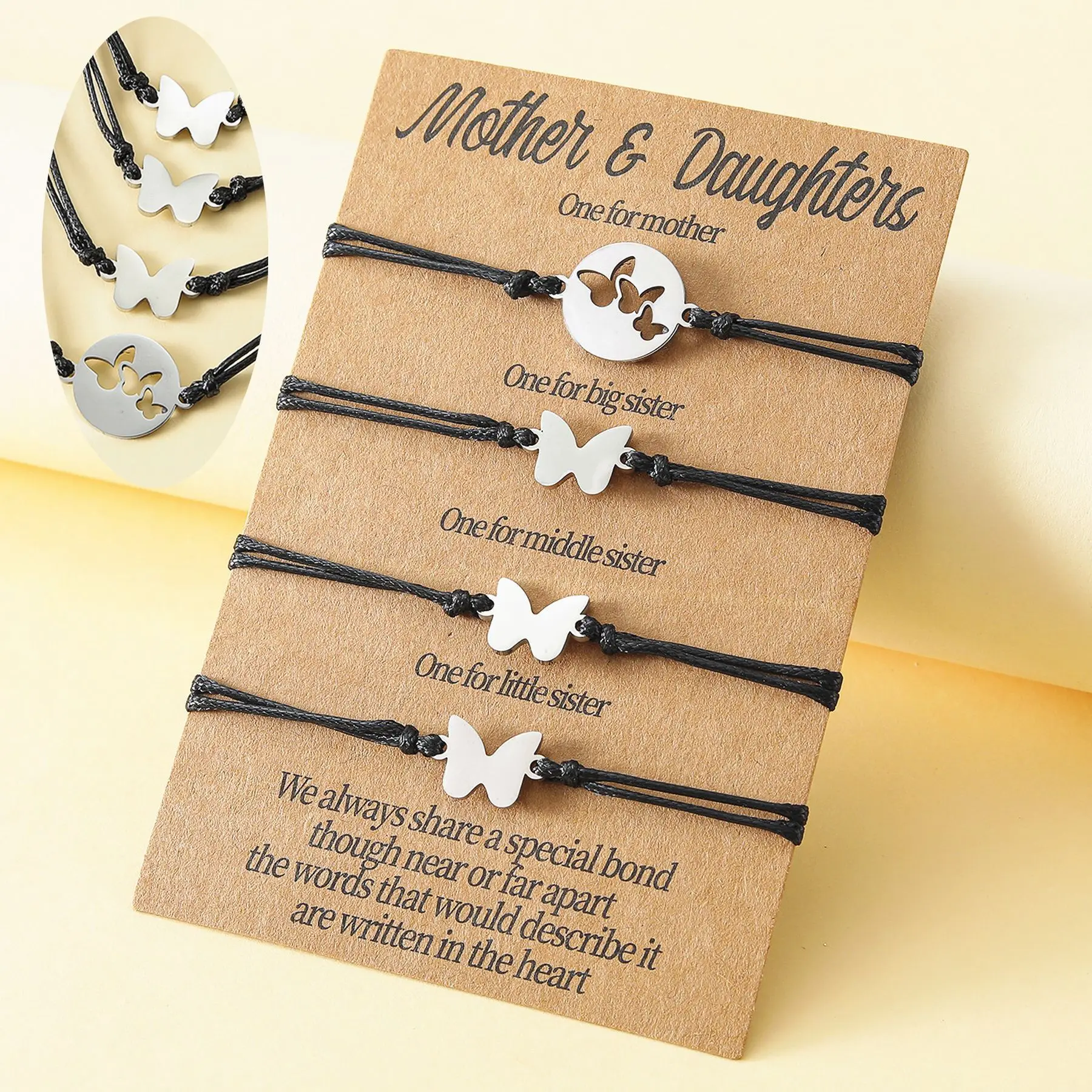 

2023 New Stainless Steel Hollow Butterfly Mother's Day Parent-child Card Weaving Bracelet Gift Wholesale