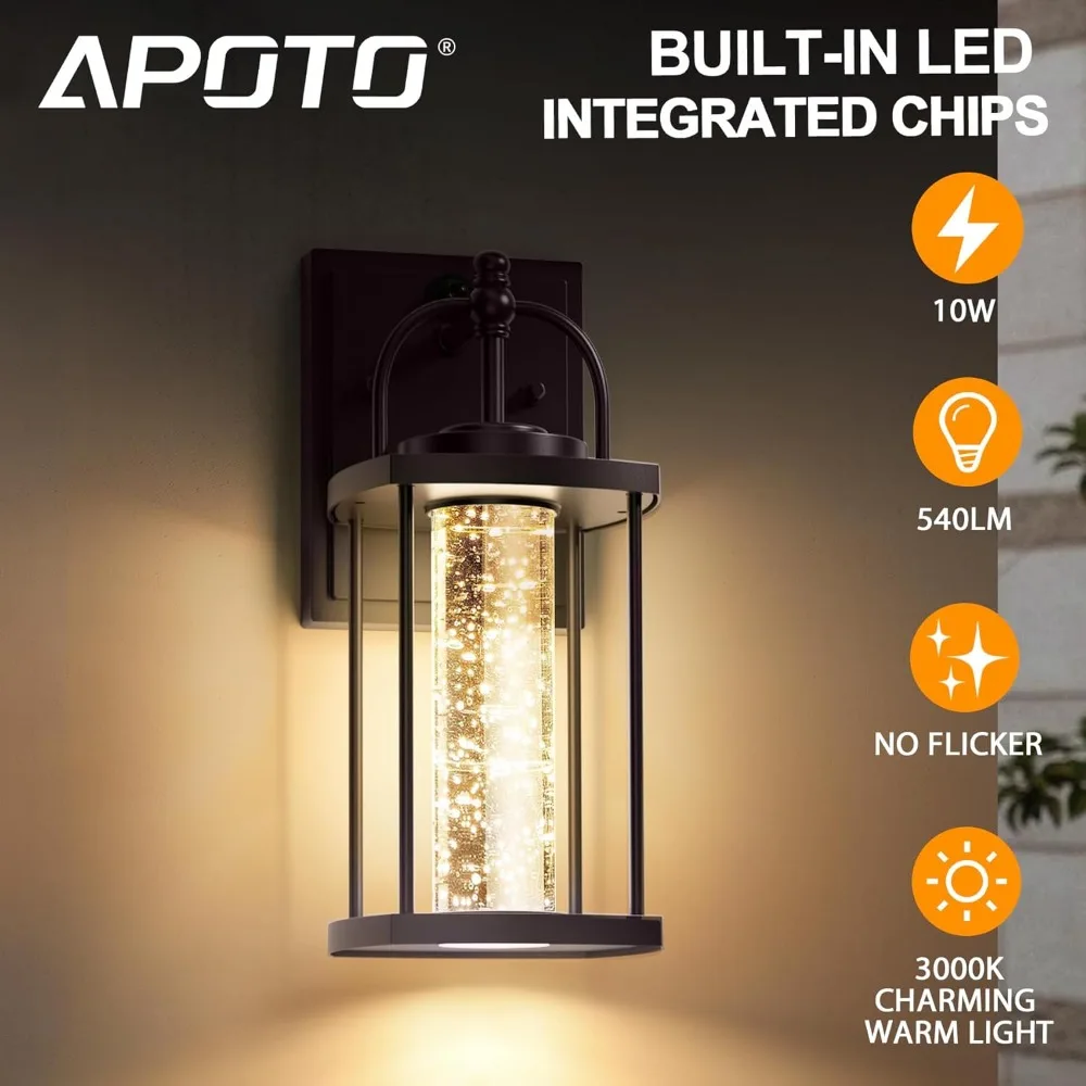 2 Pack Dusk to Dawn Exterior Lighting Fixtures, 10W LED Modern Outdoor Wall Lights Sconce with Crystal Bubble Glass 2