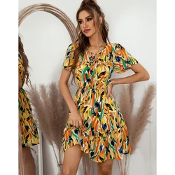 Senhoras sexy curto floral impressão vestido de verão feminino manga borboleta casual babados festa praia mini vestido feminino