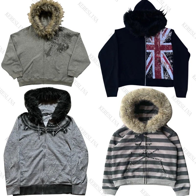 Fur collar cardigan zipper hooded jacket autumn and winter punk hip-hop rock dark style rock fashion all-match Y2K retro jacket