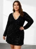 Women’s Plus Size Sequin Dress with Beaded V Neck Elegant Long Sleeve Sparkly Party Evening Dress Comfortable Slimming Fit