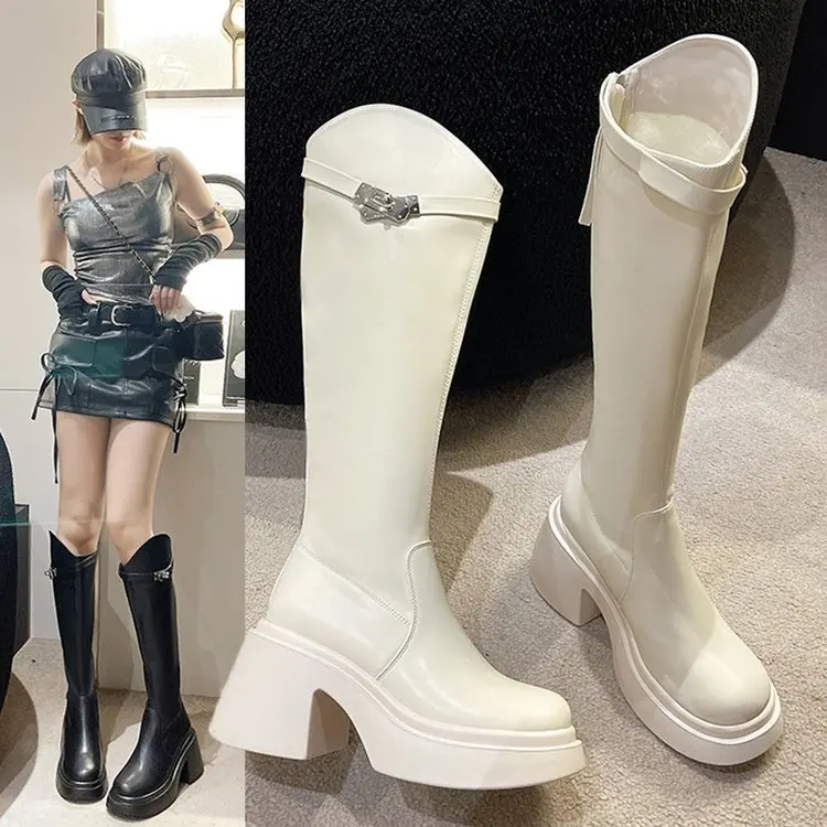 

Женские сапоги до колена на платформе, высокие сапоги в британском стиле с боковой молнией, демисезонные 2023