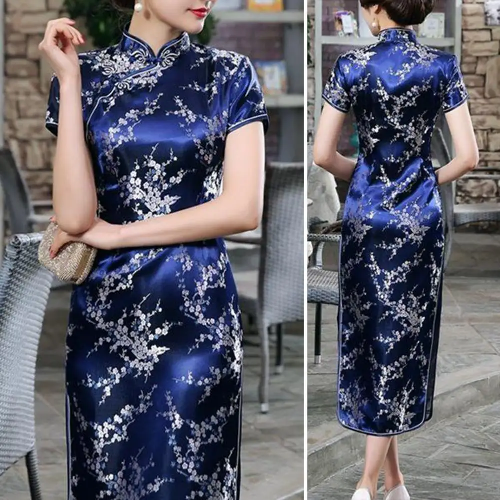 

Vintage Style Cheongsam Dress Chinese National Style Satin Silky Tight Waist Qipao Floral Embroidery Stand Collar Women Dress