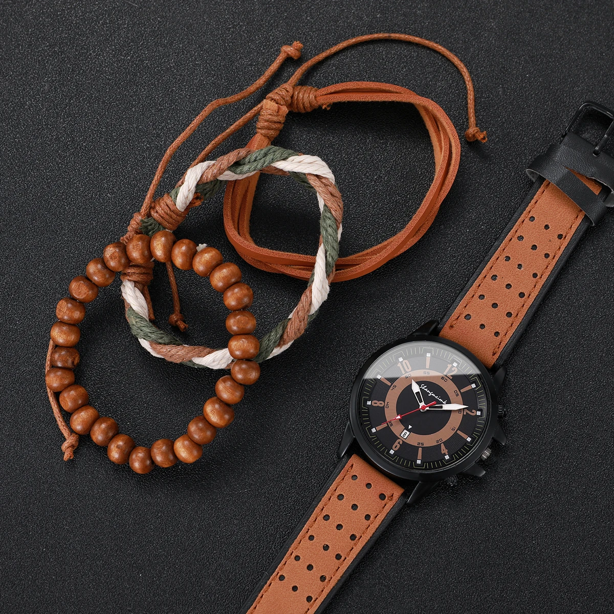 4PCs/Set Men's Calendar Leather Watch Band Quartz Watch Sports Men's Quartz Fashion Belt Student Calendar Watch