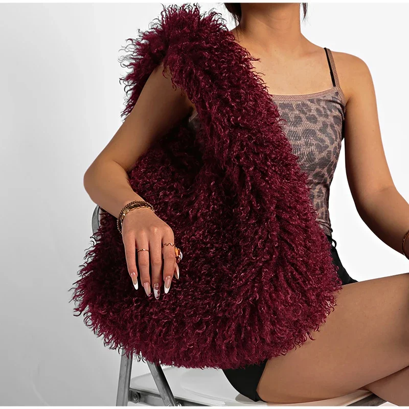 Borsa a Tracolla in Peluche Lungo Stile Europeo-Americano, Grande Capacità, Finta Lana, Forma Triangolare, Borsa Casual Monocolore alla Moda - immagine 3