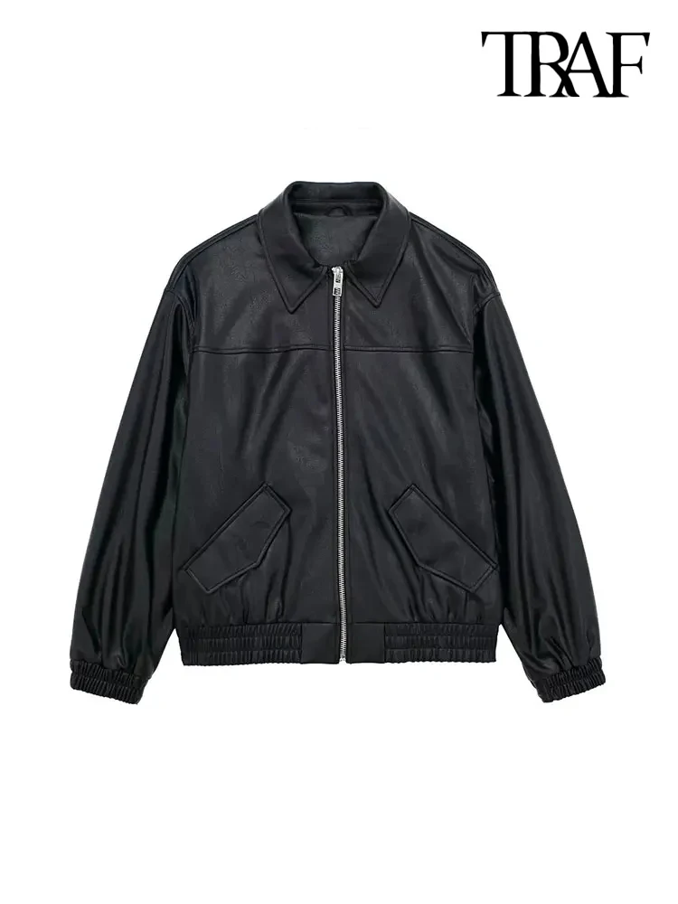 

TRAF Women Fashion Oversized Faux Leather Bomber Jacket Coat Vintage Long Sleeve Front Zipper Female Outerwear Chic Tops