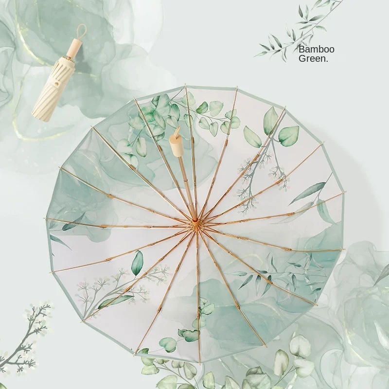 Three-fold 16-bone Color Glue Pattern Gold Pole Sun Protection UV Creative Retro Sun-shielding Umbrella