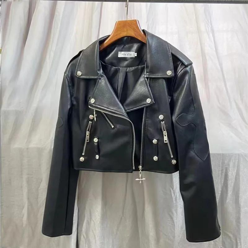 Fashion Cool Women Leather Jacket Cross Printed Bomber