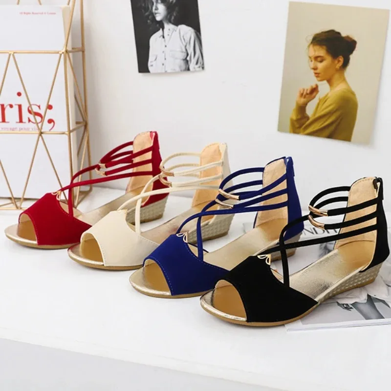 Elegant Women Wedge Sandals New Luxury Red Open Toe Casual Shoes Roman Rhinestone Comfortable Low Heel Platform Sandalias