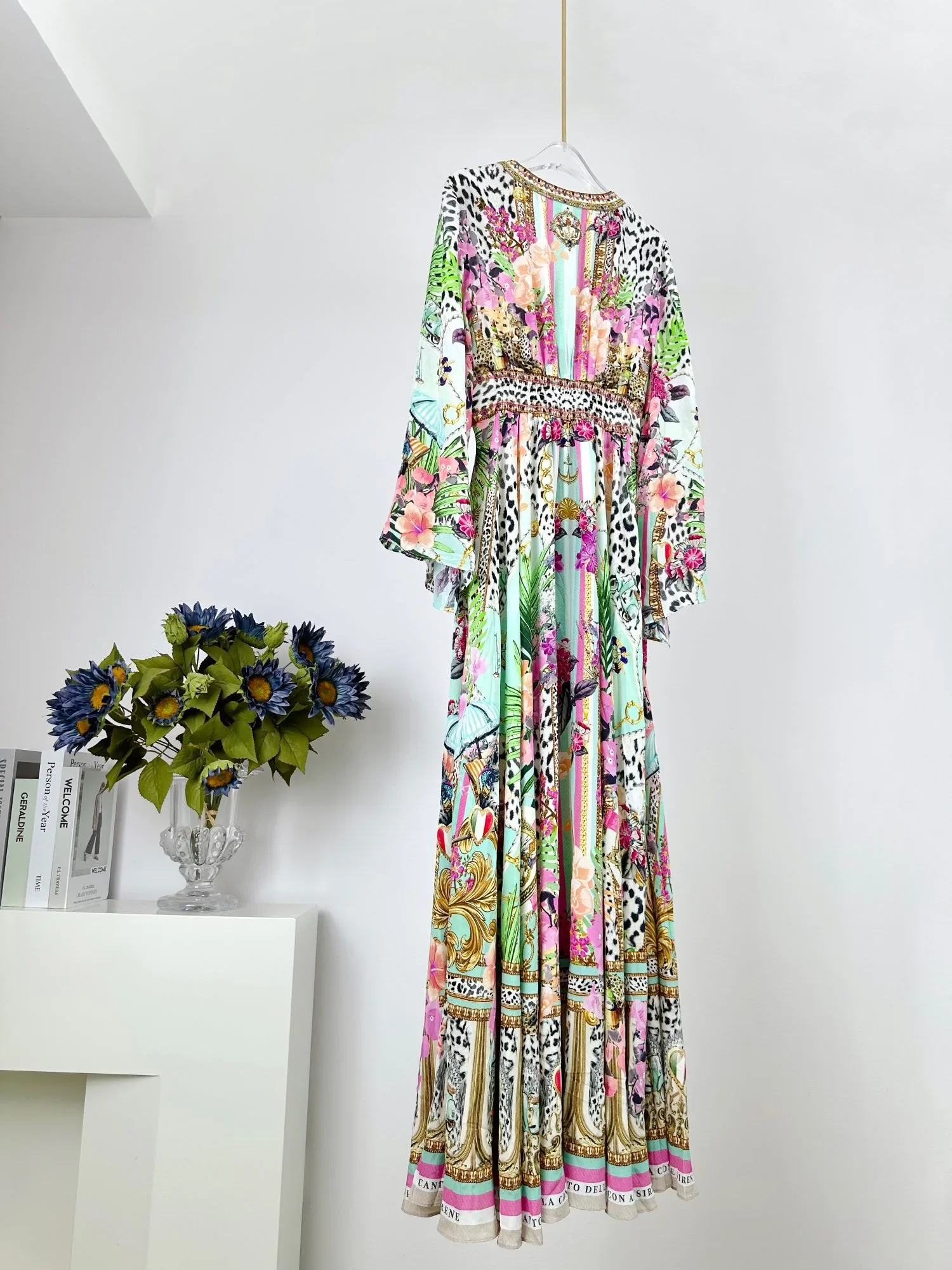 

Women Leopard Print Robe Beaded Long Sleeve V-Neck Elegant 100% Silk Maxi Dress