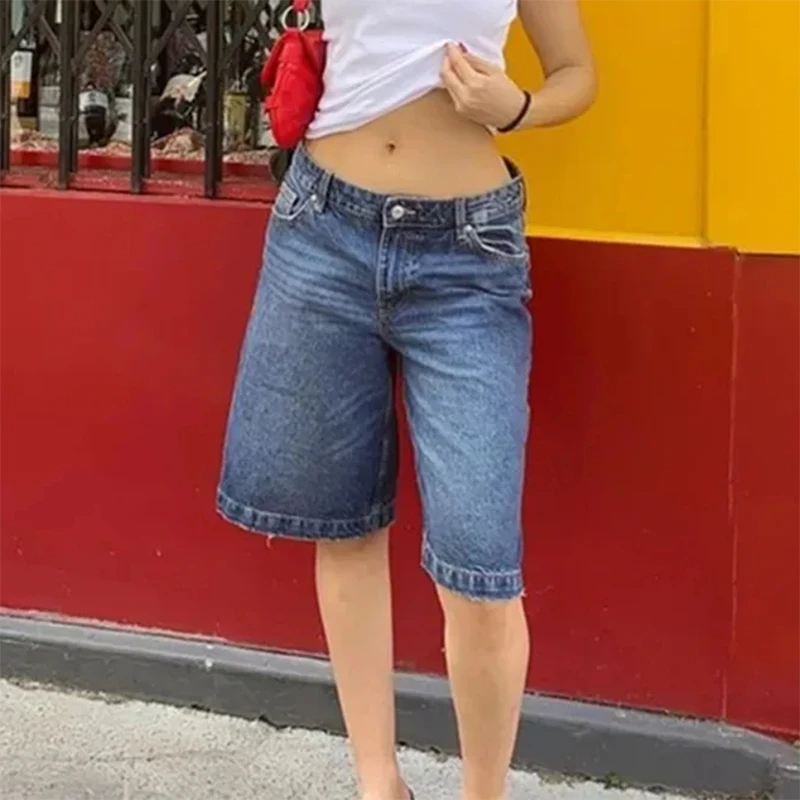 Y2k Aesthetic Bermuda Denim Shorts 90s Vintage Low Rise Wide Leg Knee Length Carpenter Jean Shorts Women Cow Girl Baggy Jorts 4