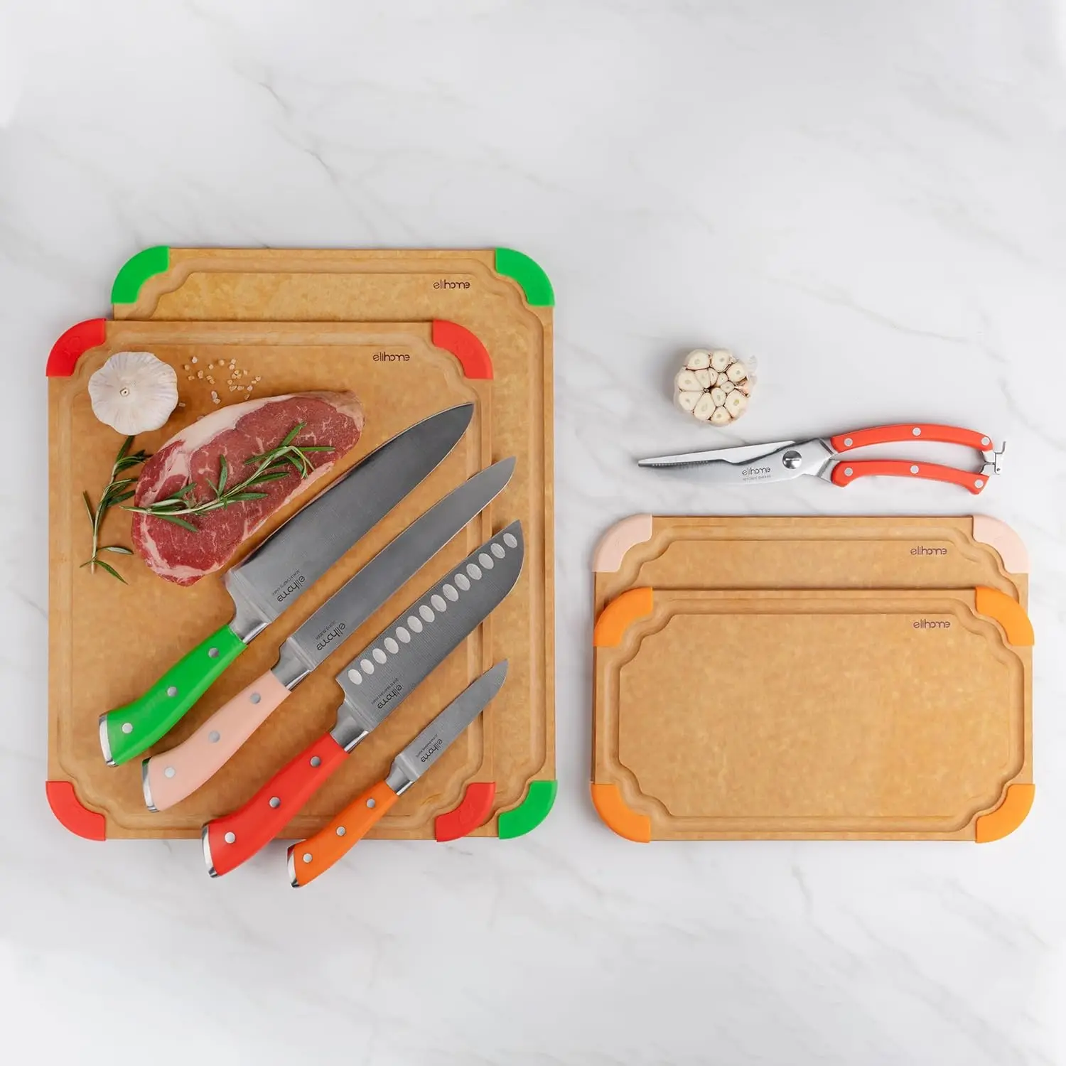 Cutting Board & Kitchen Knife Set, Color-Code Cutting Board Set with Food Icons, Non-Slip Feet
