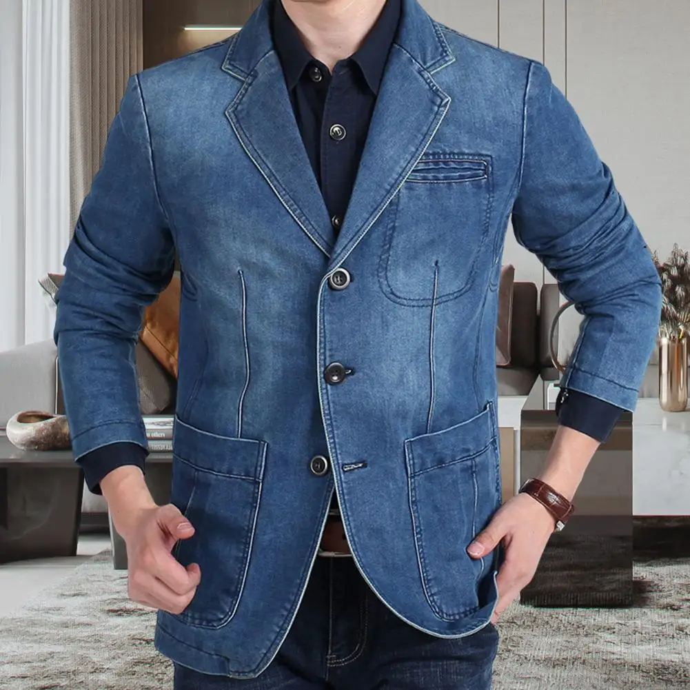 Men Denim Suit Jacket Oversized Cotton Vintage Slim Fit Pockets