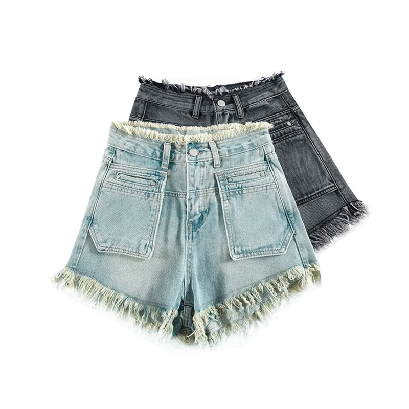 New Women Summer American Retro Shorts Fashion High Waist A-Line Ragged edge Denim Shorts Casual Vintage Blue Thin Shorts