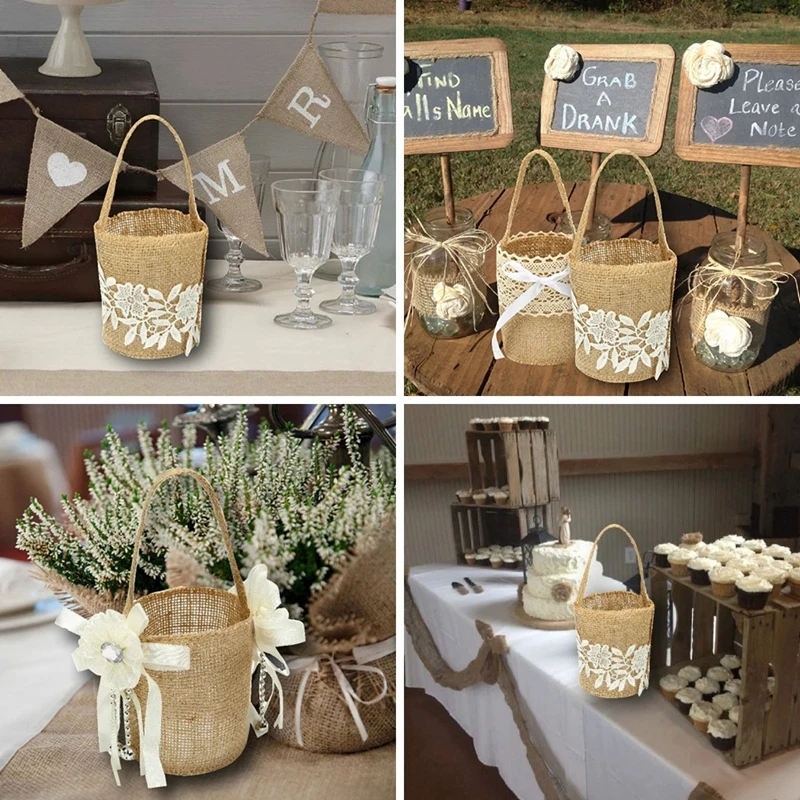Wedding Lace Burlap Flower Basket Linen Handle Vintage Rustic Wedding Ceremony Table Decoration Baby Shower Party Candy Gift Bag