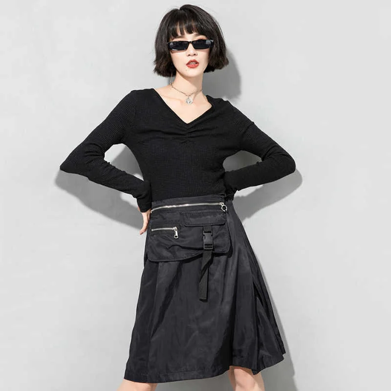 Bolsos com Zíper Metade do Corpo Cintura Elástica Alta Preto Plissado Irregular Saia Feminina Moda Nova Primavera Verão 2022 1dd6714 Eam 7 com zíper irregular metade do corpo saia