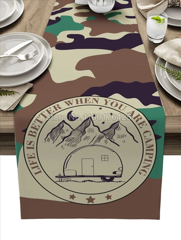 Camper Car Mountain Moon Brown Camo Table Runner For Living Room