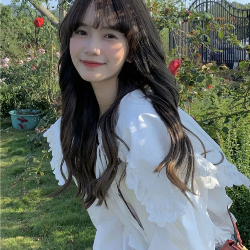 

Женская рубашка с оборками на воротнике, Корейская однотонная Свободная Повседневная универсальная рубашка в стиле ретро, колледжа в японском стиле, осень