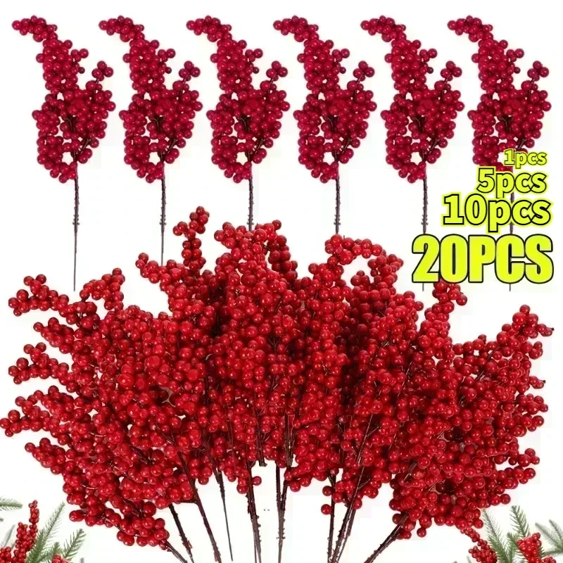 Artificial Berries Christmas Decoration Red Berry Branches Xmas Tree Party Home Table Ornaments Red Fruit Wreath DIY Gift artificial plants artificial flowers artificial fruits and vegetables artificial holly berries