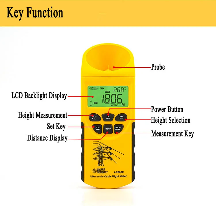 SMART SENSOR AR600E Ultrasonic Cable Height Meter 6 Cables Measurement LCD Displ