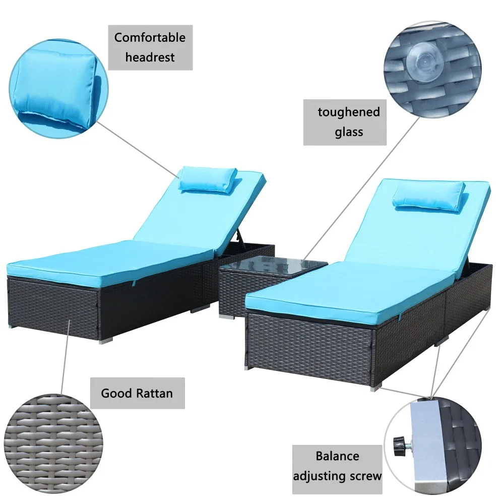 3-Piece Outdoor Patio Furniture Set Chaise, Couch Cushioned with Glass Coffee Table, Adjustable Back and Feet, Lounger Chair 5