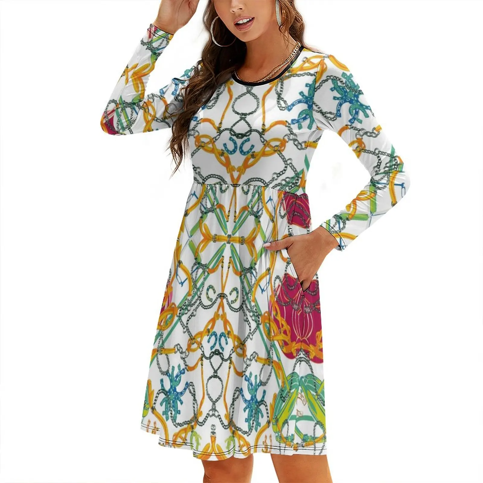 

Horsetack Saddle Equipment Bridle Pattern Horse Lover Round Neck Baggy Dress women's evening dress 2024 Women dresses summer
