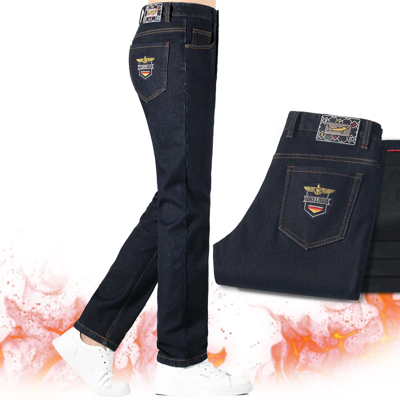 2024 Winter New Straight Leg Black Fleece Lining Jeans for Men Bruce&Shark Stretch Mid-Waist Velvet Denim Casual Mens Jeans 3