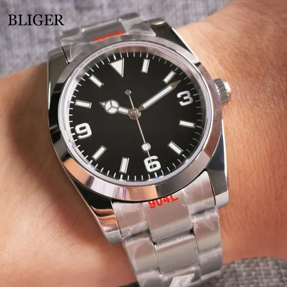 BLIGER 36mm Polished Automatic Men Watch Oyster Bracelet NH35A MIYOTA 8215 PT5000 Movement Sapphire Crystal Green Luminous Dial